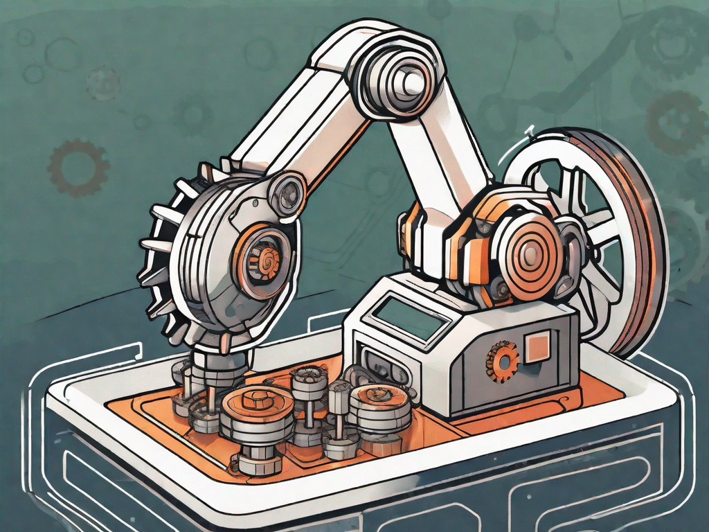 A robotic arm adjusting gears inside a large symbolic search engine icon