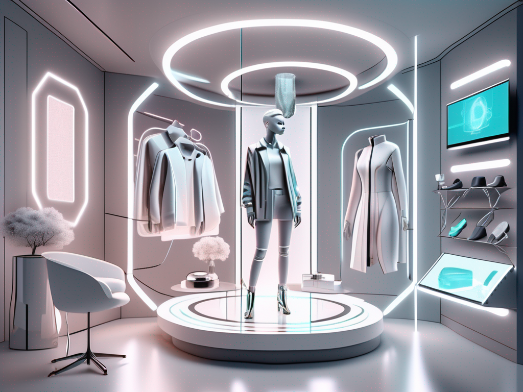 A virtual dressing room with a digital screen displaying a 3d model wearing a stylish outfit