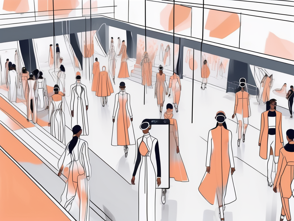 A futuristic fashion runway with interactive screens displaying shoppable videos and live streams