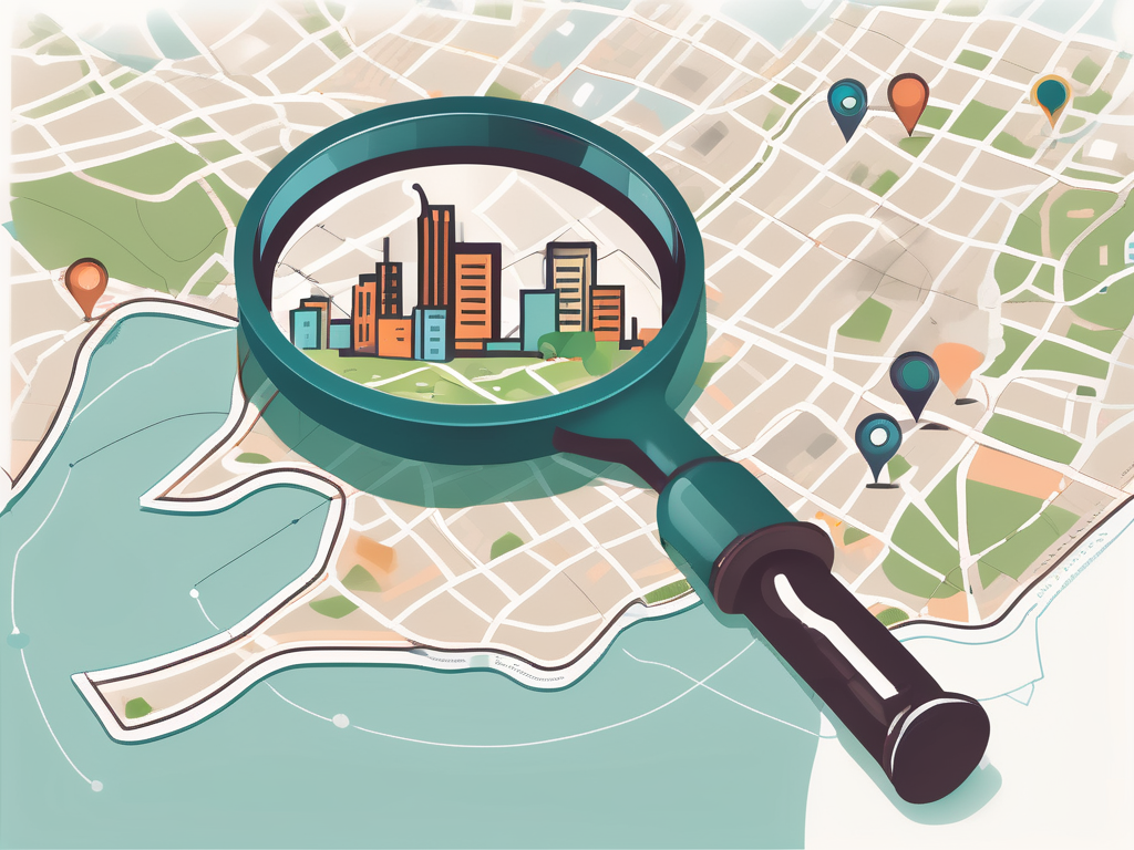 Local SEO personified with A magnifying glass hovering over a stylised map with various location markers